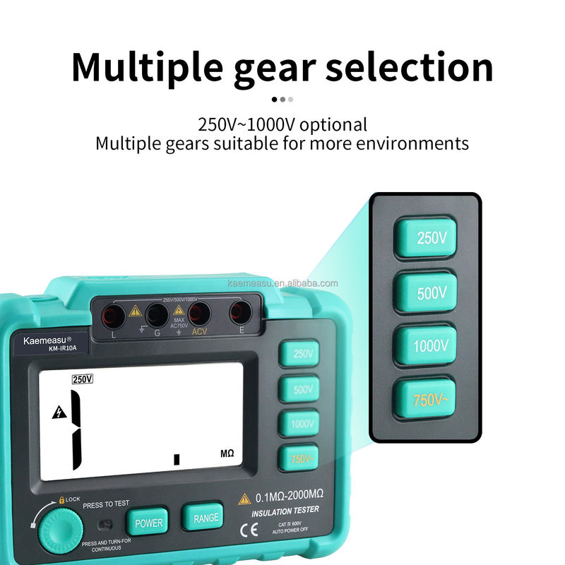 Teste de resistência ao isolamento digital com protecção contra sobrecarga e gama de medição até 2000MΩ Classe 1 250V 500V 1000V