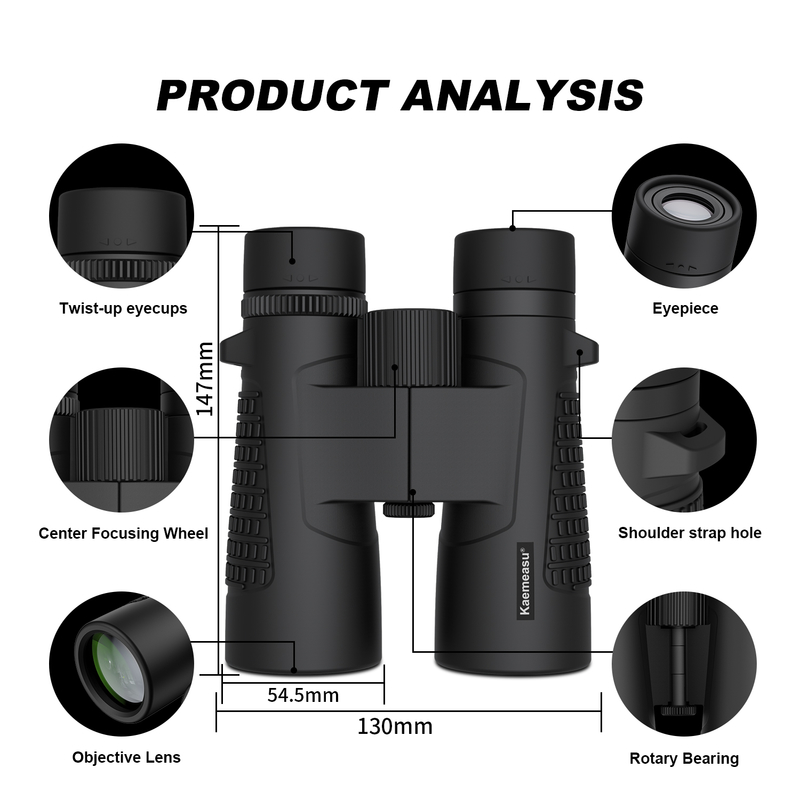 Kaemeasu C Modelo preto 10x42 HD Binoculares à prova d'água para adultos, Binoculares para observação de pássaros e caminhadas, Óptica com Prisma BAK4, Corpo à prova de choque de liga de magnésio, Visão clara e brilhante