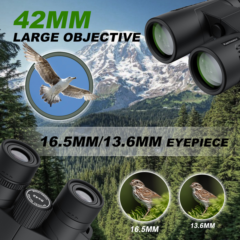 Kaemeasu C Modelo preto 10x42 HD Binoculares à prova d'água para adultos, Binoculares para observação de pássaros e caminhadas, Óptica com Prisma BAK4, Corpo à prova de choque de liga de magnésio, Visão clara e brilhante
